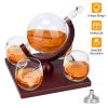 Whiskey Decanter Globe Set w/ 4Pcs 8.45OZ Etched World Whiskey Glasses Wooden Tray Perfect Gift Set for Liquor Scotch Bourbon Vodka