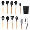 11Pcs Silicone Cooking Utensil Set Heat Resist Wooden Handle Silicone Spatula Turner Ladle Spaghetti Server Tongs Spoon Egg Whish Kitchenware Set w/ H