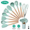 11Pcs Silicone Cooking Utensil Set Heat Resist Wooden Handle Silicone Spatula Turner Ladle Spaghetti Server Tongs Spoon Egg Whish Kitchenware Set w/ H