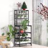 Modern Black Metal Wood Kitchen Baker's Rack Shelf Microwave Stand