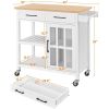 White Kitchen Island Cart with Wood Top Storage Cabinet and Locking Casters