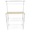 Carbon Steel Kitchen Bakers Rack with MDF Wood Shelf and Hanging Bar with Hooks