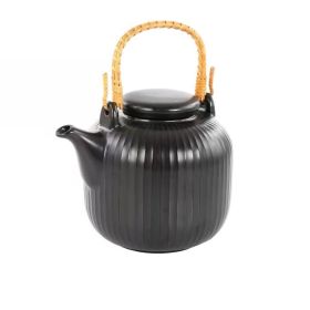 Black Stoneware Teapot Kettle with Rattan Handle