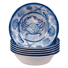 6-Piece Dinner Bowl Set with Blue White Ocean Pattern