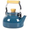 Steel Blue White Glossy Enamel Coating and Wood Handle Teapot