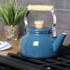 Steel Blue White Glossy Enamel Coating and Wood Handle Teapot