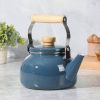 Steel Blue White Glossy Enamel Coating and Wood Handle Teapot