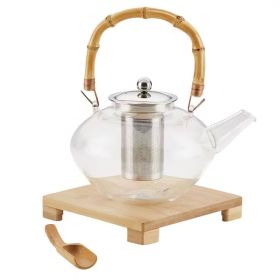 Glass Teapot with Stainless Steel Infuser and Bamboo Handle