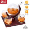 Whiskey Decanter Globe Set w/ 4Pcs 8.45OZ Etched World Whiskey Glasses Wooden Tray Perfect Gift Set for Liquor Scotch Bourbon Vodka